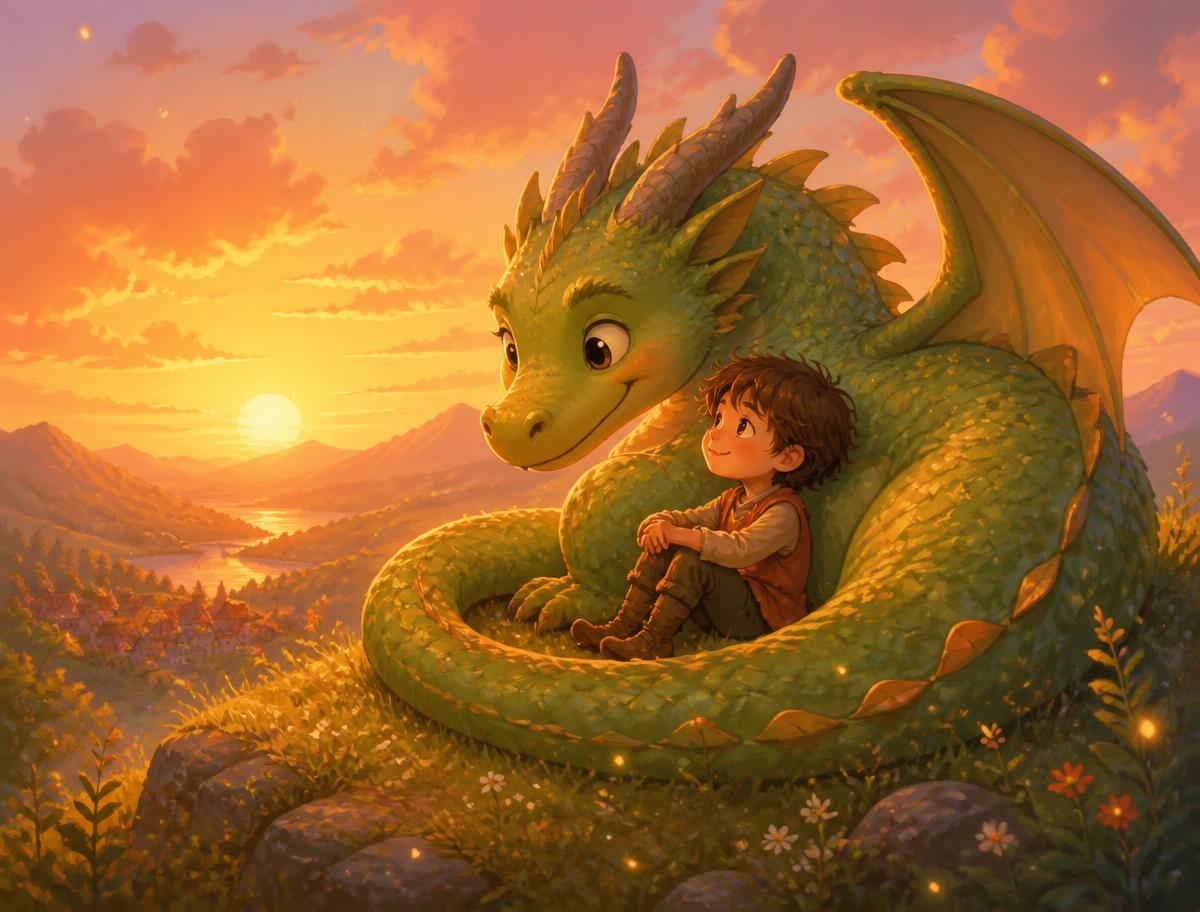 A child and a friendly dragon above the clouds