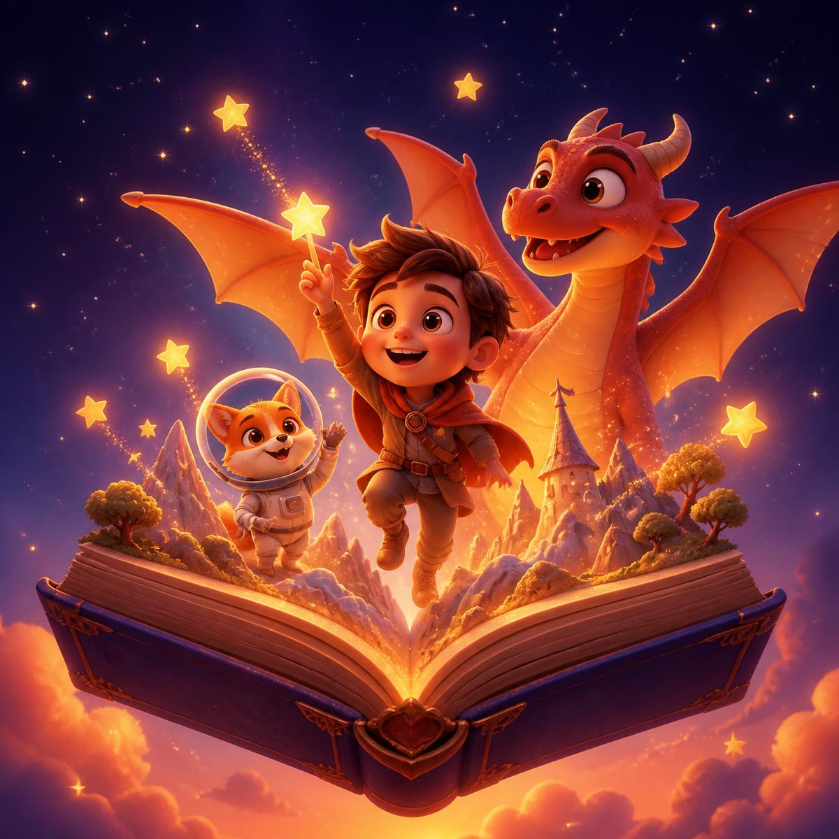 A glowing storybook with a child hero, dragon, and astronaut fox leaping from the pages